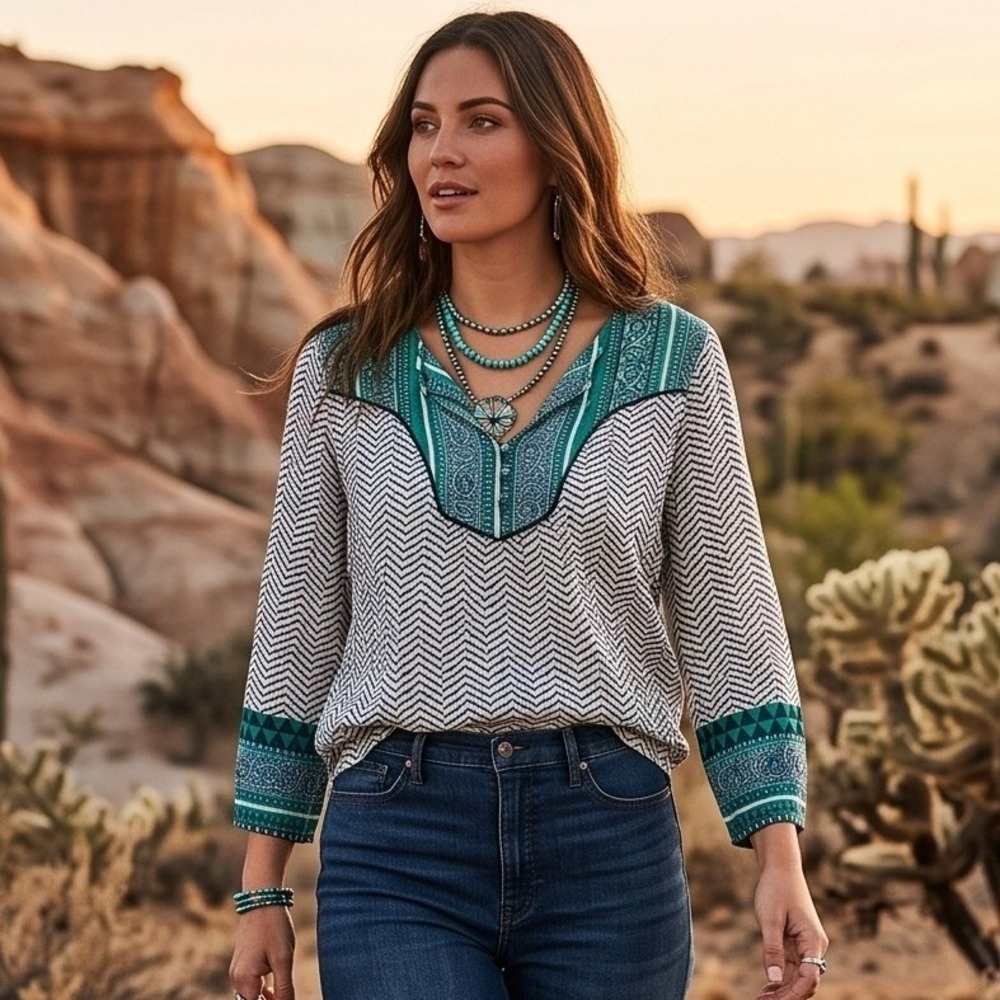 Lucky Brand Womens Large Y2K Green Blue Chevron Peasant Blouse Top Boho Cotton